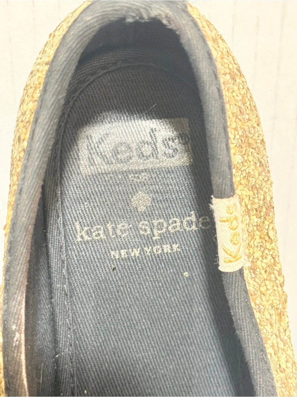 Keds x Kate Spade New York Champion Gold Glitter Sneakers Satin ties Sz 6 1/2